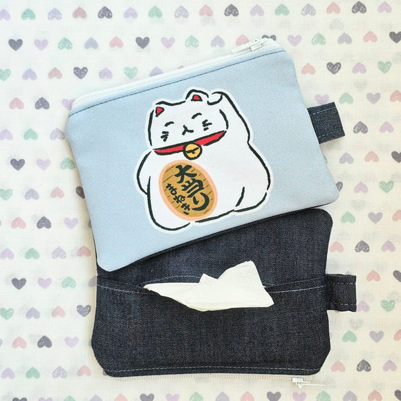 Fortune Cat Blue Tissue Zipper Pouch