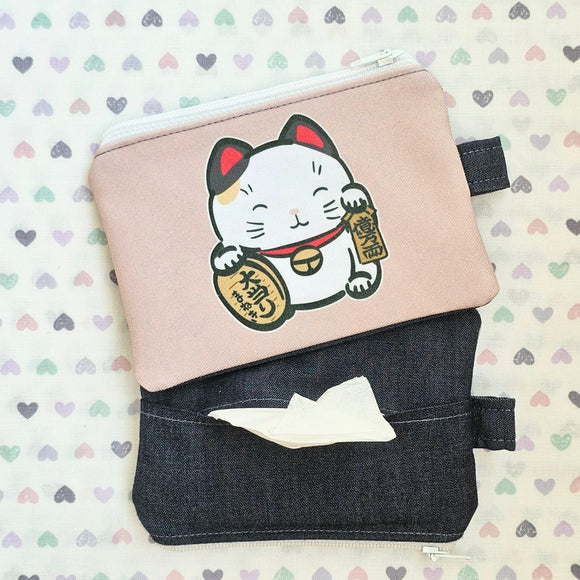 Fortune Cat Pink Tissue Zipper Pouch