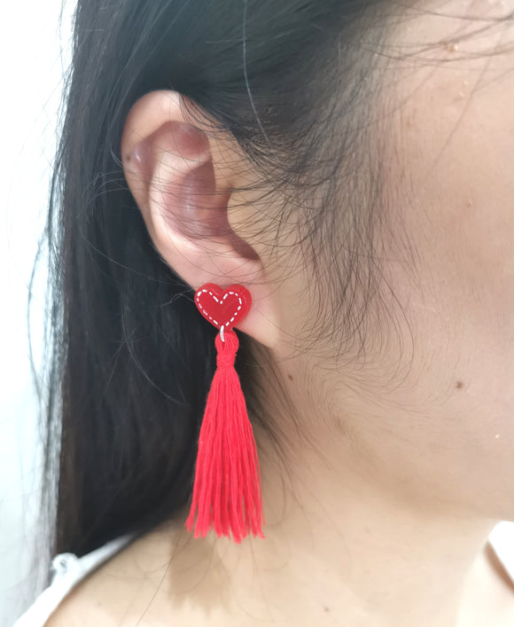 Stitched Heart Tassel Earrings